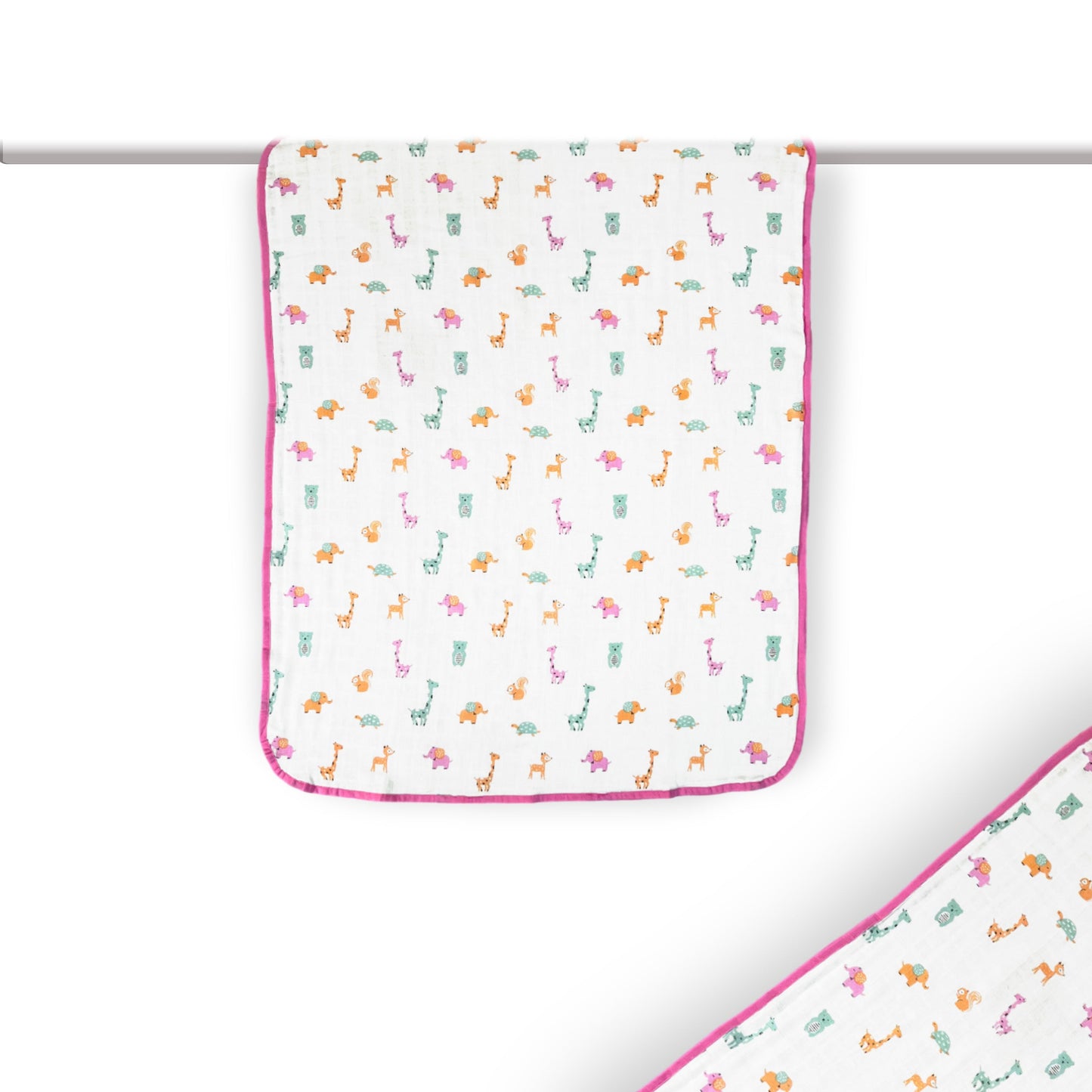 Premium Muslin Baby Towel – Baby Animals Print with pink border