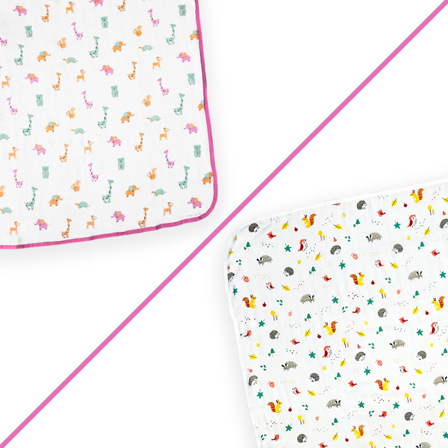 Premium Muslin Baby Towel – Baby Animals Print (White & Pink Border)