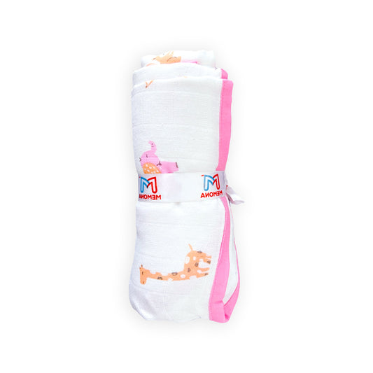Premium Muslin Baby Towel – Baby Animals Print with pink border