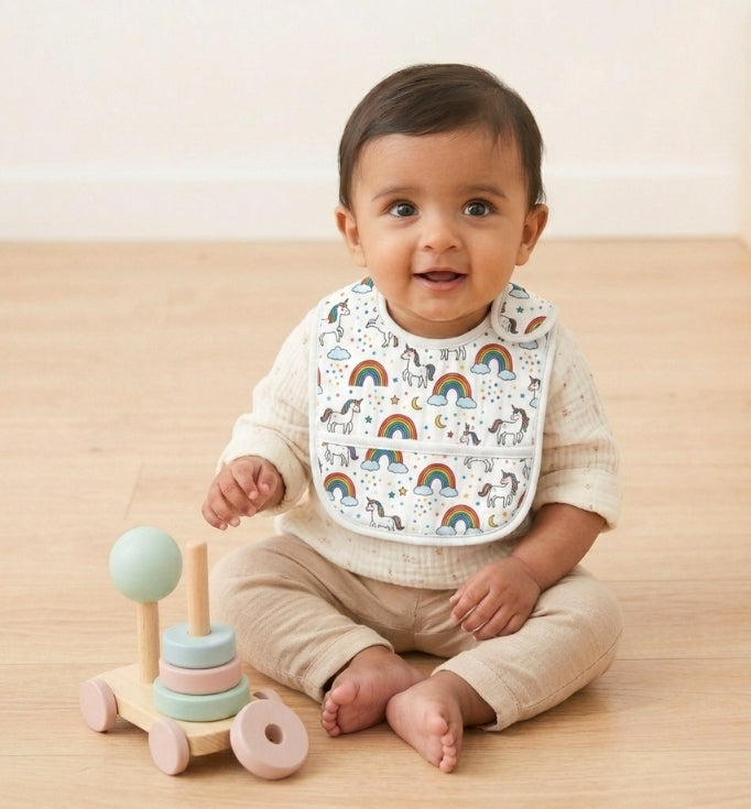 Premium Muslin Baby Bib – White unicorn rainbow Print