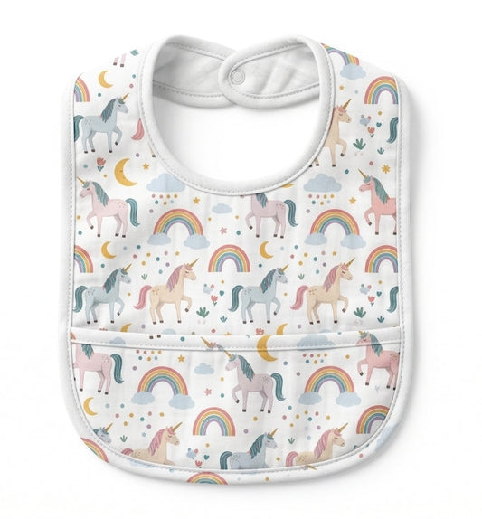Premium Muslin Baby Bib – Pink unicorn rainbow Print