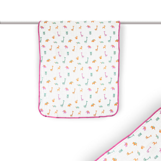 Premium Muslin Baby Towel – Baby Animals Print with pink border