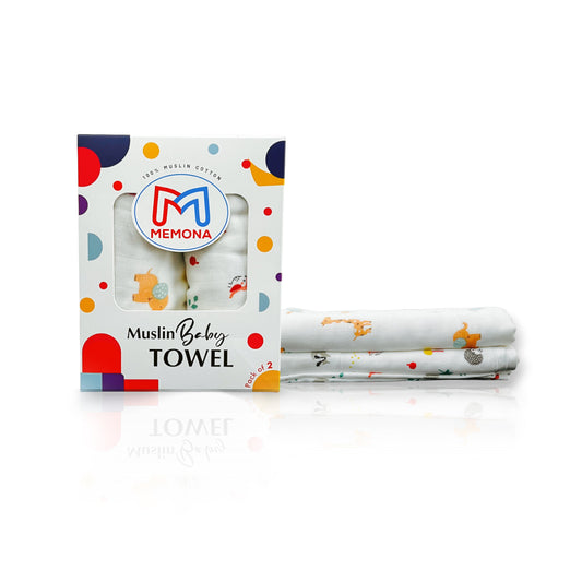 Premium Muslin Baby Towel – Baby Animals Print (White & Pink Border)