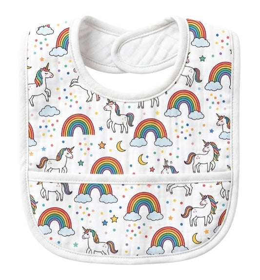 Premium Muslin Baby Bib – White unicorn rainbow Print