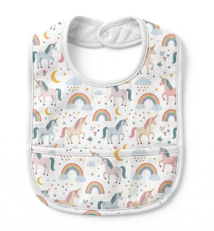 Premium Muslin Baby Bib – Pink unicorn rainbow Print